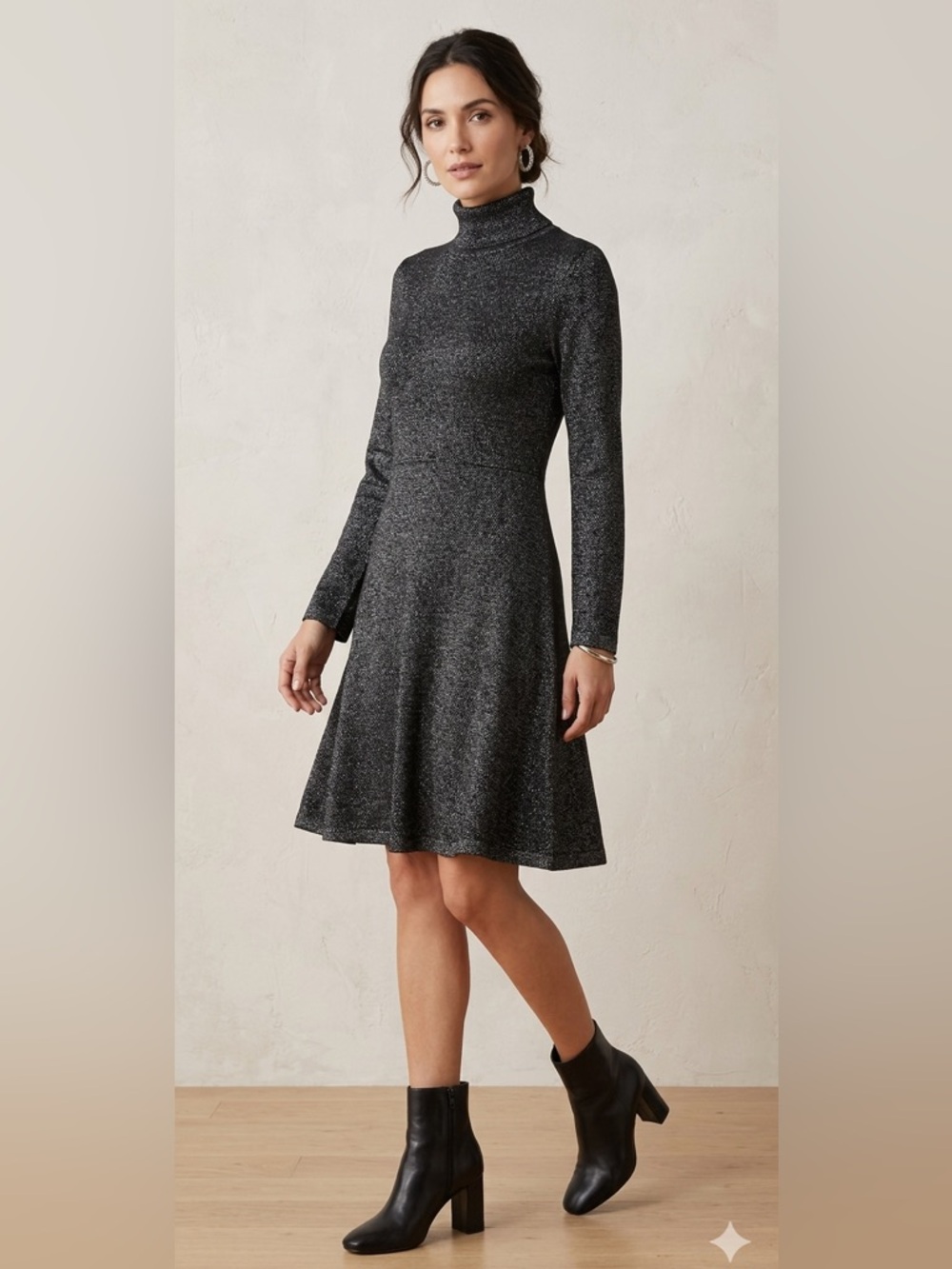 Calvin Klein Metallic Mock Neck A-Line Sweater Dress Black Silver XL